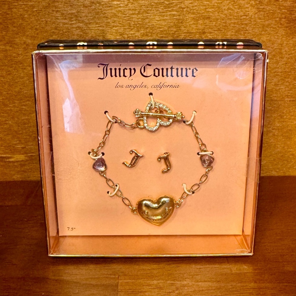 Juicy Couture Gold Charm Puffy Heart Pink Rhinestones Bracelet Earrings Set BNIB